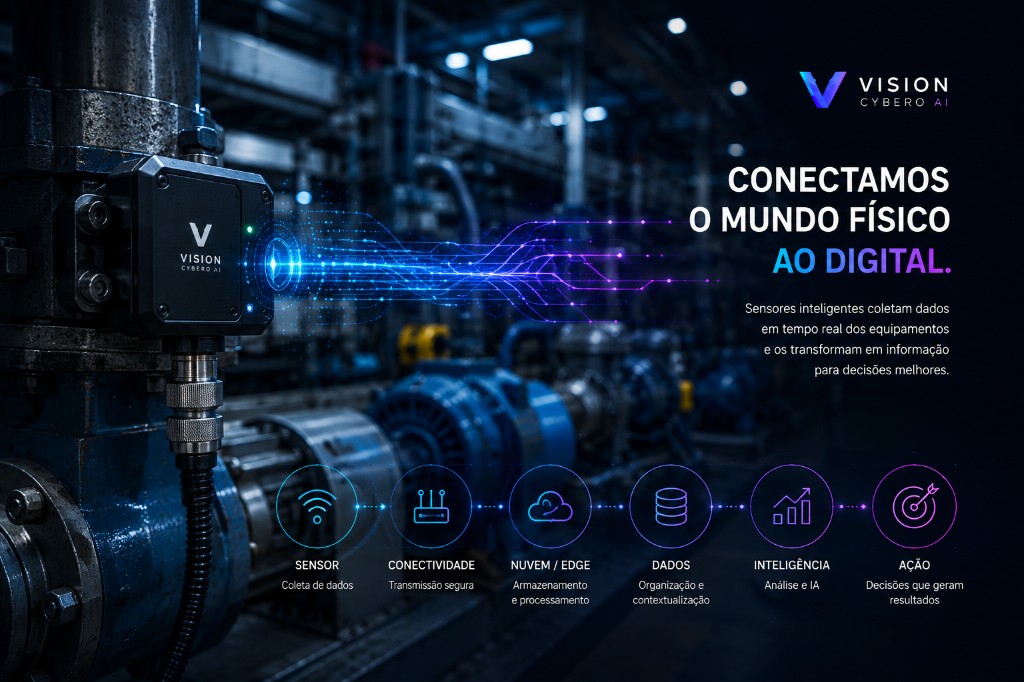 Close de sensor industrial em equipamento com linhas de dados discretas